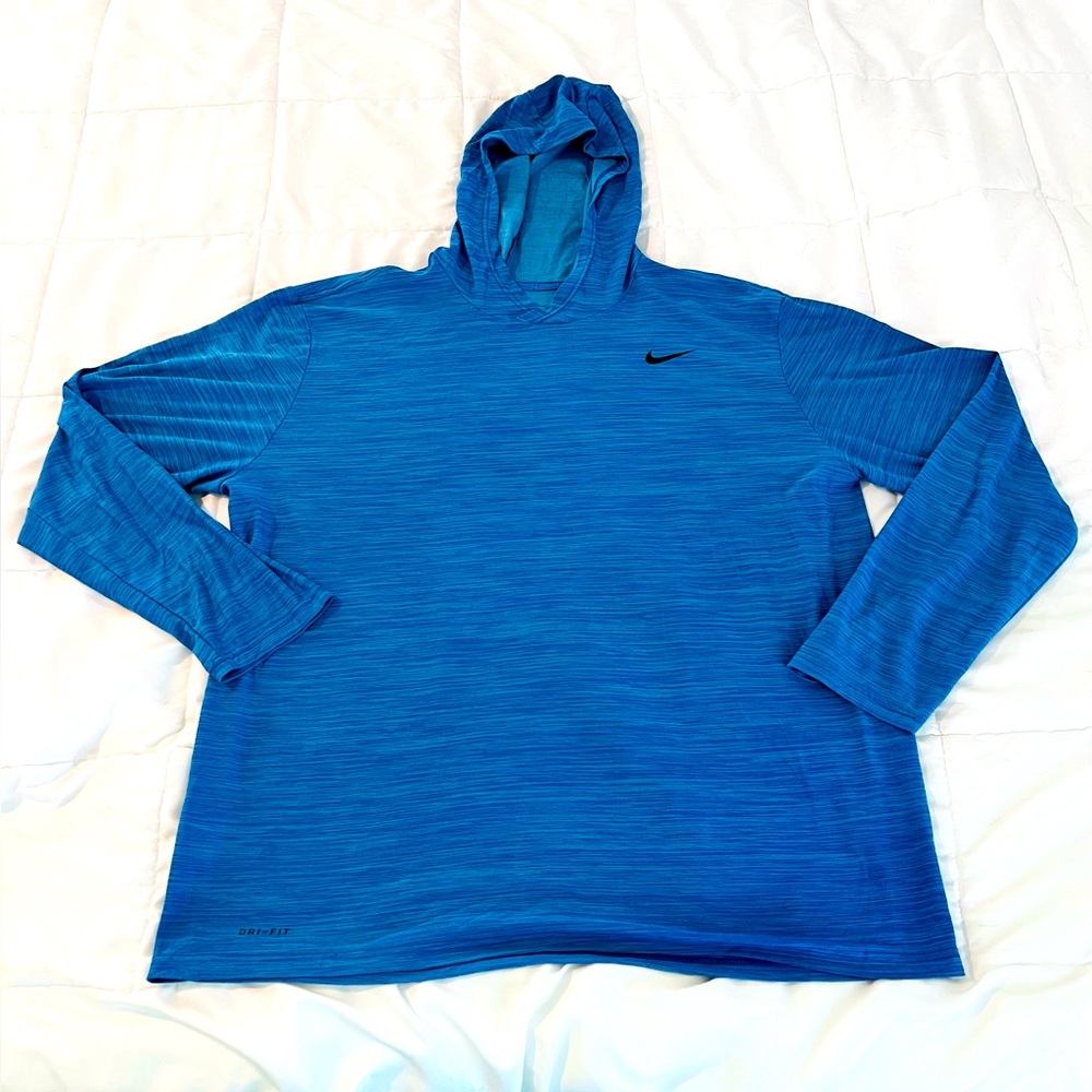 NIKE DRI-FIT MEN’S LIGHTWEIGHT HOODIE, BRIGHT BLUE, SMALL BLACK SWOOSH, EUC XXL